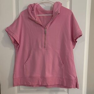 Pink Short Sleeve Hoodie with Front Pocket